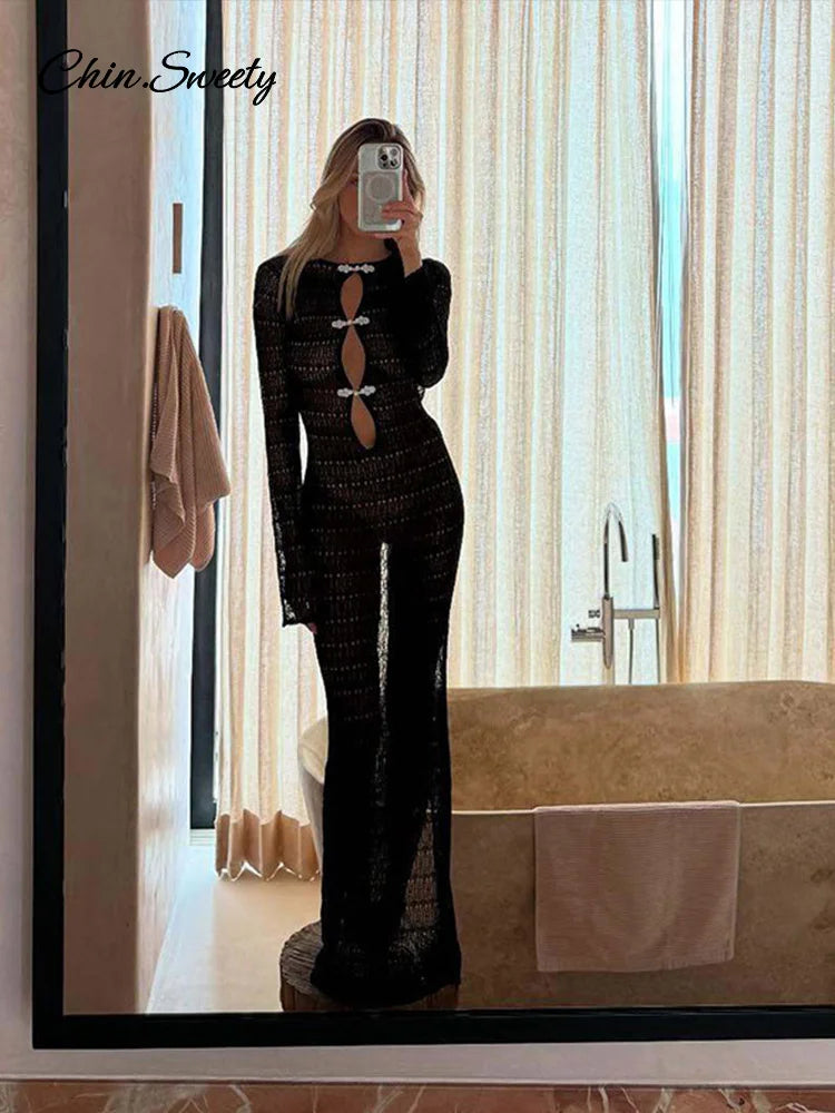 Hollow Out Knitted Maxi Dress Long Sleeve O-neck White Black Holiday Dresses Female Summer Lady Slim Fit Robes