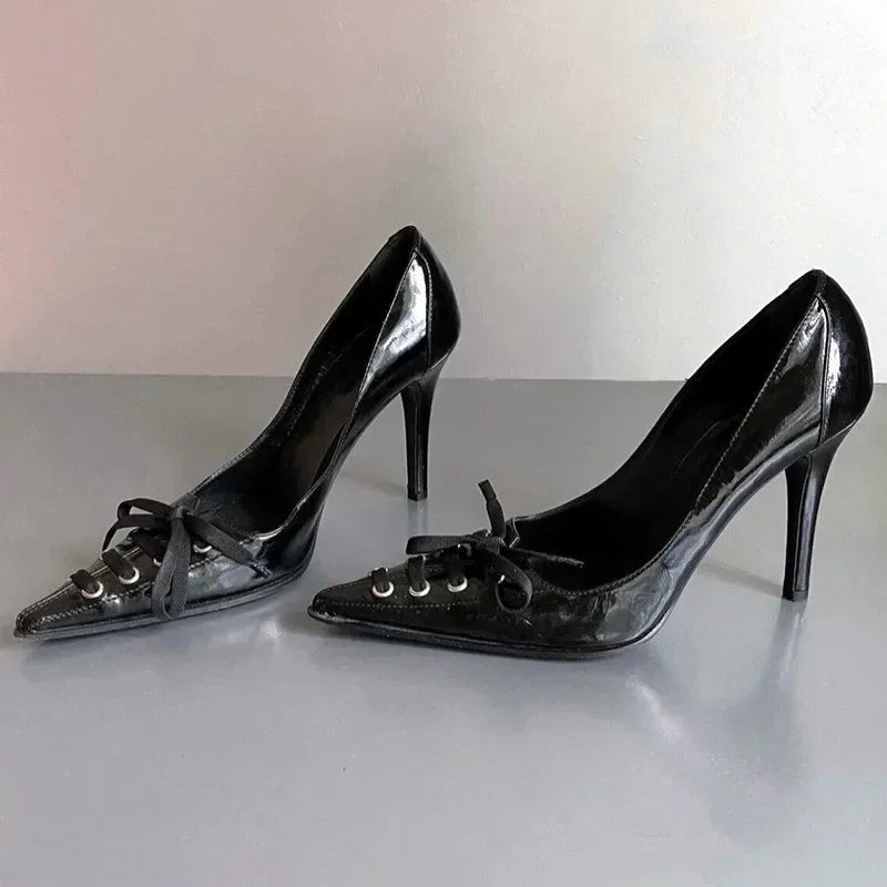 Pointed Toe Thin High Heels Lace Up Retro Street Style Party Dress Shoes Brand Designer Pumps Zapatos De Mujer