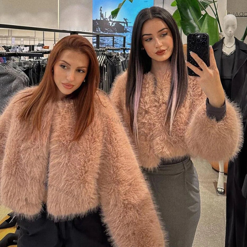 Brand Winter Sweet Pink Cropped Faux Fur Coat Ins Fluffy Fox Fur Jacket Female