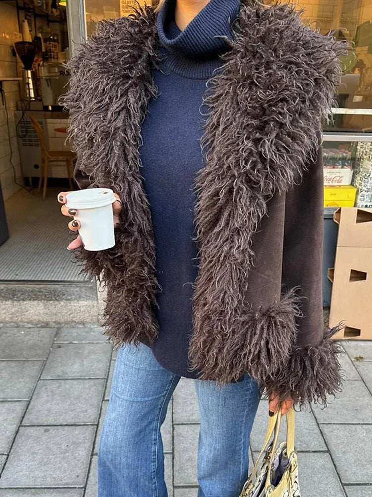 Coffee Fur Patchwork Cardigan Jacket for Long Sleeve Warm Loose Coats Lady High New