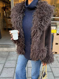 Coffee Fur Patchwork Cardigan Jacket for Long Sleeve Warm Loose Coats Lady High New