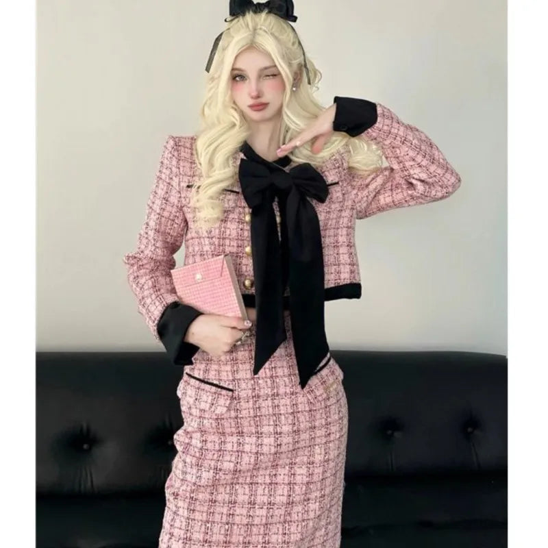 Autumn Winter New Korean Two-piece Skirt Set Crop Jacket Coat Bodycon High Waist Midi Skirt Outfits
