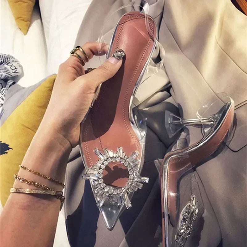 Designer Crystal Diamond Pvc Transparent High Heels Pointed Toe Pumps Banquet Prom Dress Shoes