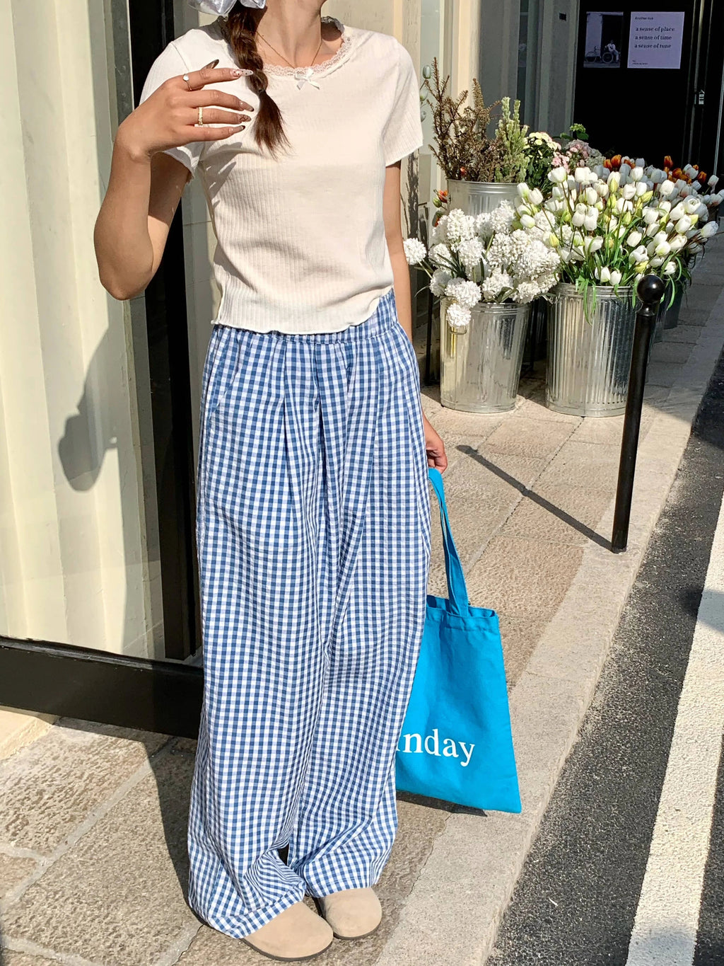 Plaid Wide Leg Pants Pockets Sping Summer High Waist Straight Loose Trousers Female