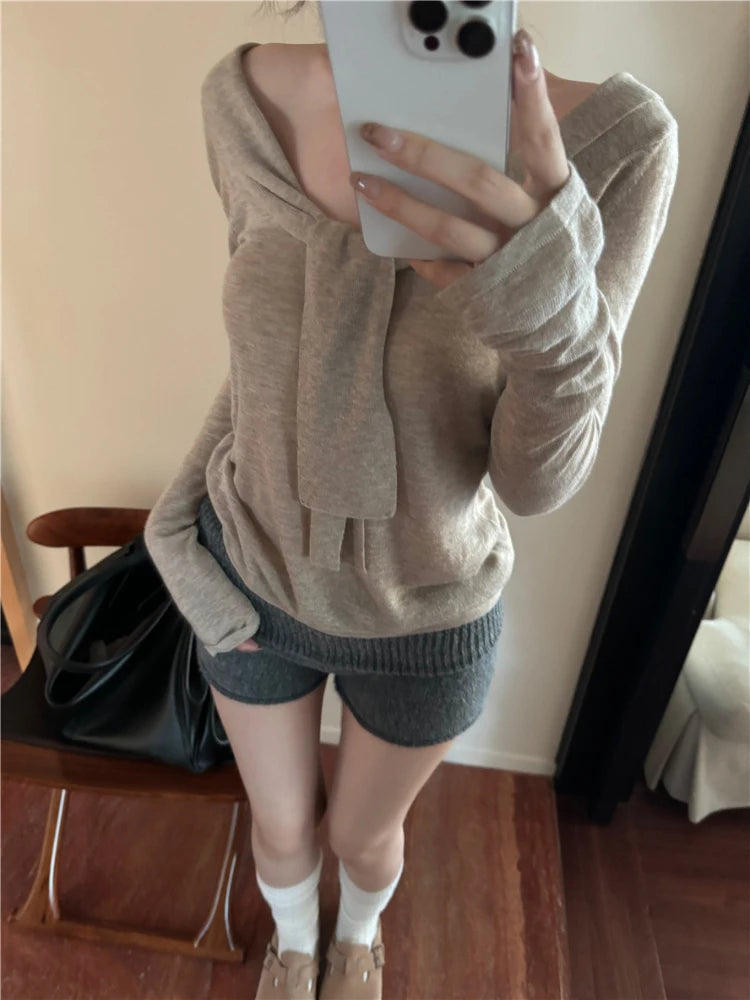 Khaki Ribbon Vneck Long Sleeve Knitted Sweater Korean Style Slim Knitwear Design Aesthetics Clothes