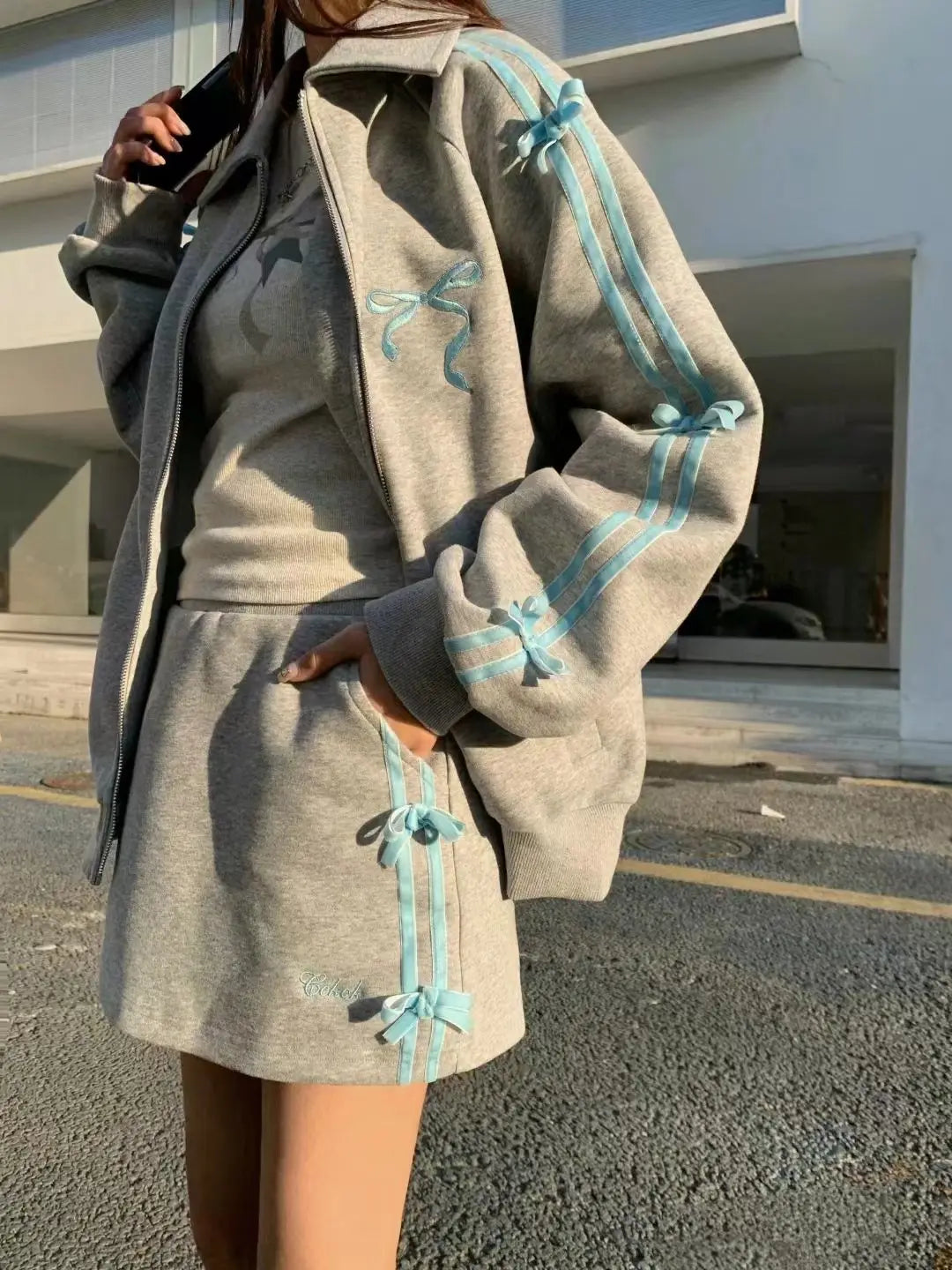 Spring Gray Two Piece Set Outfits Sports Style Plush Loose Zipper Hoodies Coat Aline Short Skirt Set
