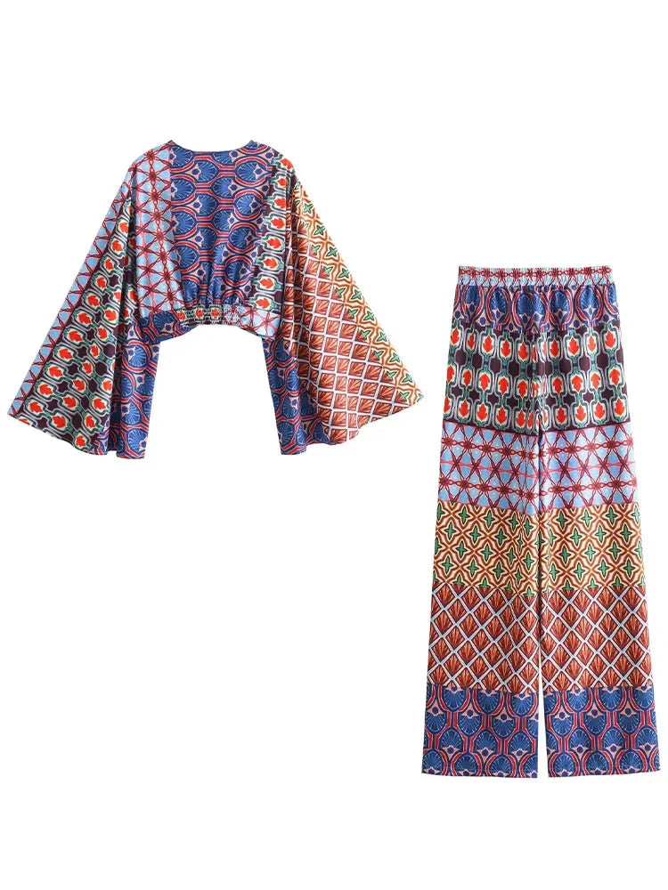 2 Piece Set Vneck Wide Long Sleeves Printed Crop Top Female Elastic High Waist Loose Pants