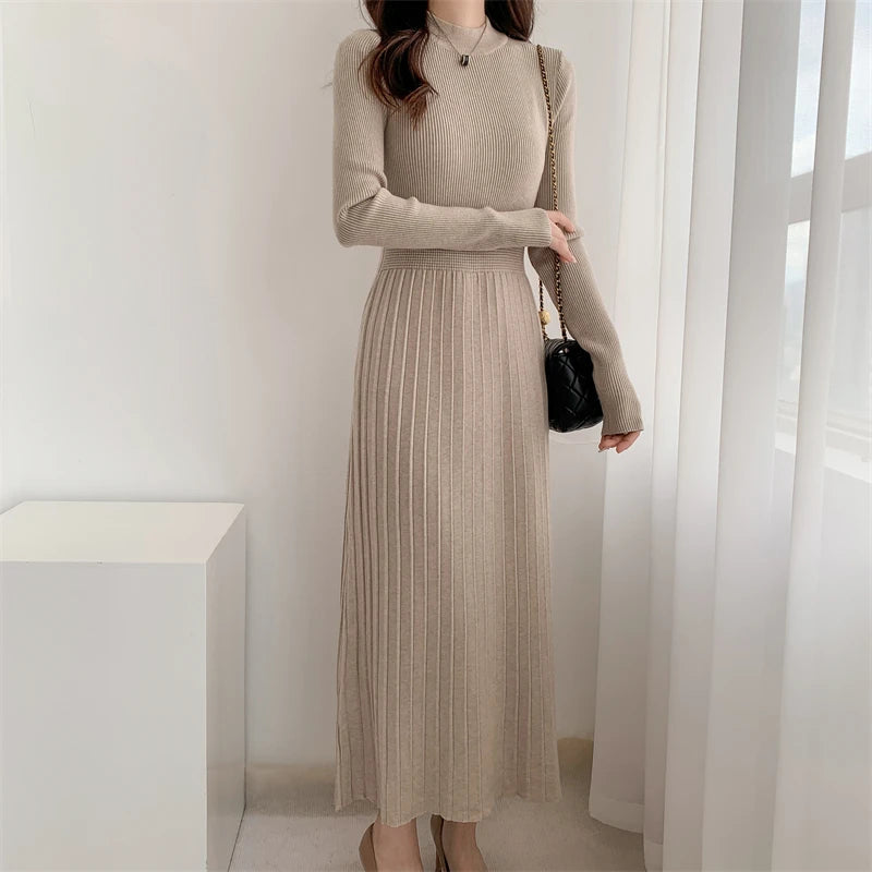 Autumn/winter British Style Celebrity Knitted Dress Half High Neck Slim Fit Inner Matching Coat Pleated Long Dress