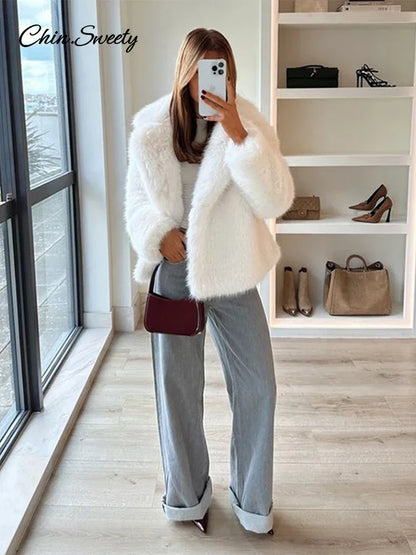 Fluffy Faux Fur Coat Loose Lapel Plush Long Sleeve Buckle Thick Jacket Autumn Winter Warm Overcoat New