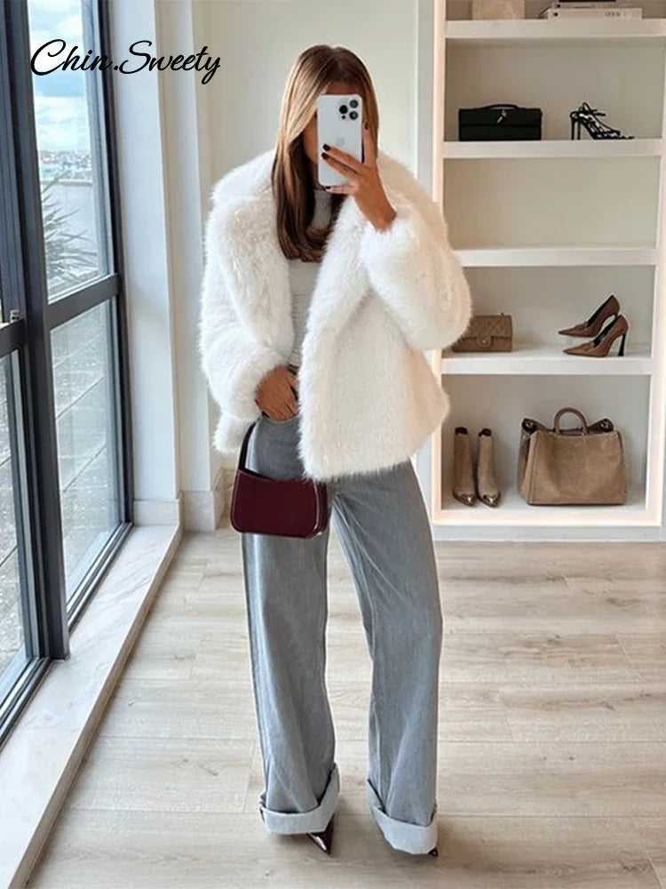 Fluffy Faux Fur Coat Loose Lapel Plush Long Sleeve Buckle Thick Jacket Autumn Winter Warm Overcoat New