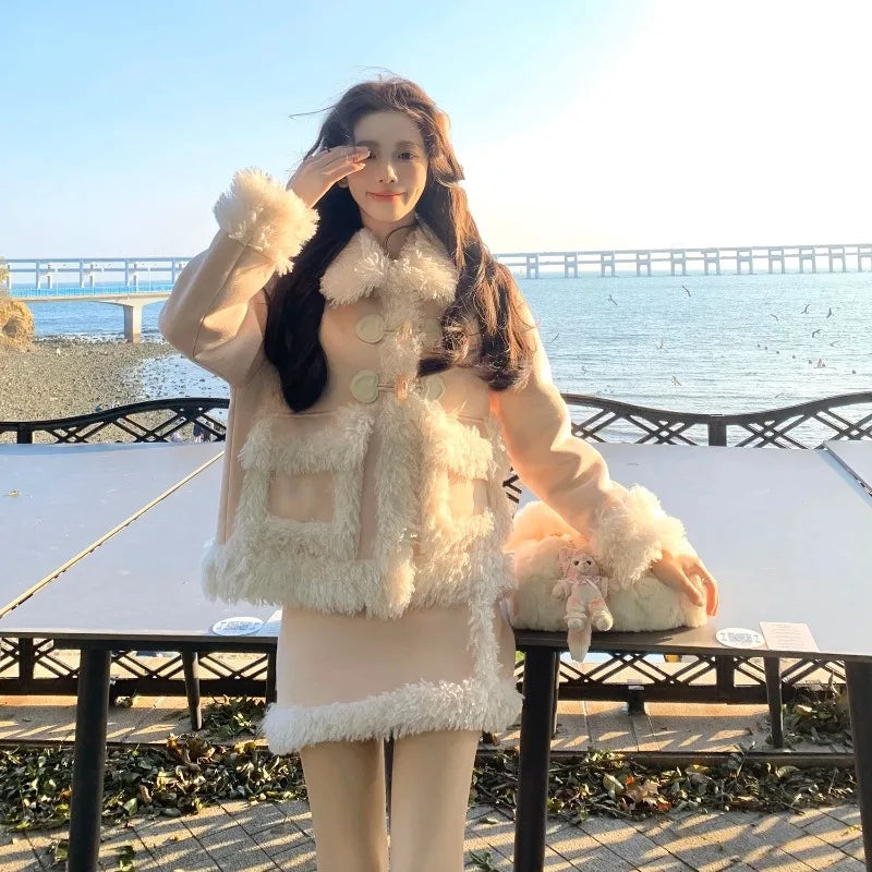 Sweet Hot Girl Suit Autumn/winter Lamb Wool Suede Coat Highwaisted Mini Skirt Twopiece Set Female Clothes