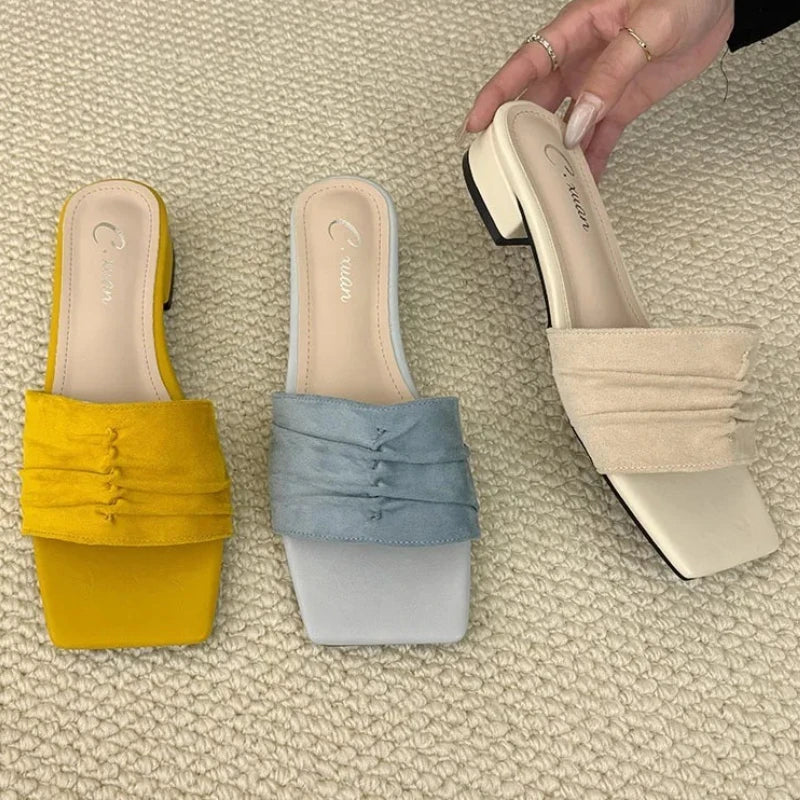 Square Toe Slippers Low Heel Slides Female Comfort Nonslip Summer New Sandals Flats Beach Shoes