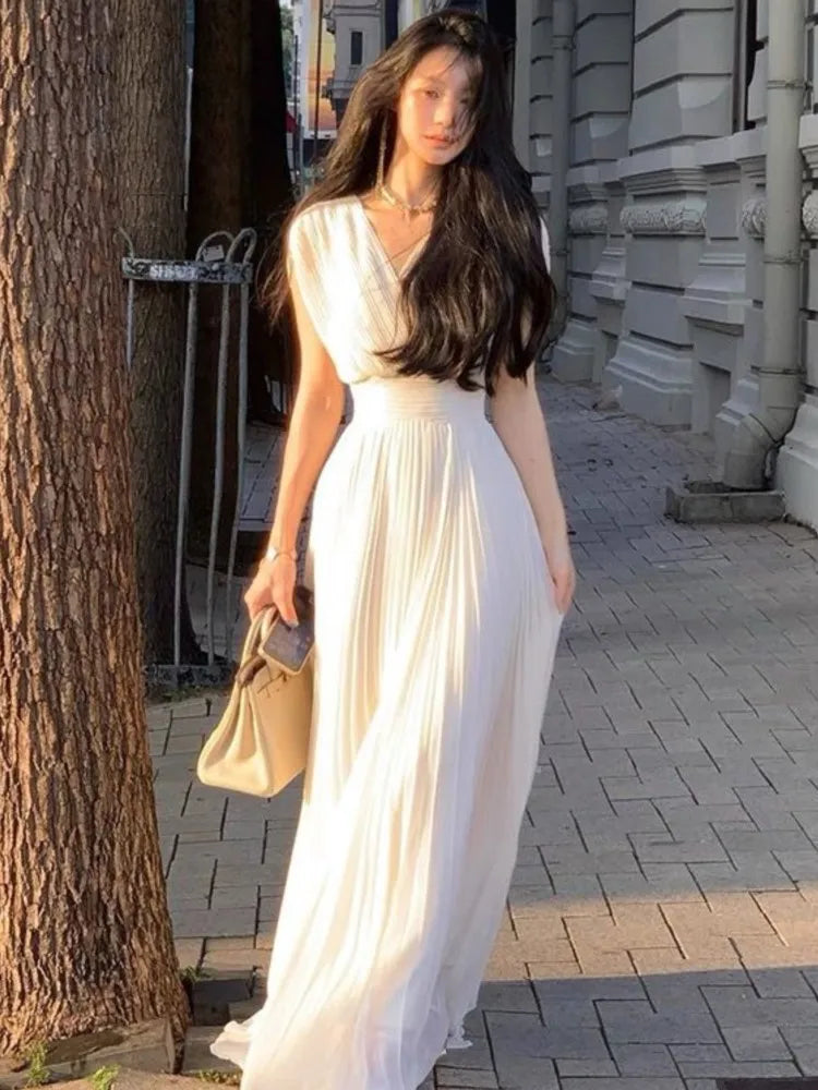 Summer New Party Pleats Long Dresses for Vneck High Waist Holiday Sleeveless Female Clothing Robe