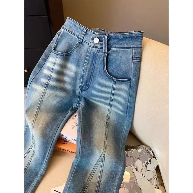 Minimally Designed Micro Flared Jeans Autumn Spring Niche Plaid Splicing Slim Versatile Long Pants
