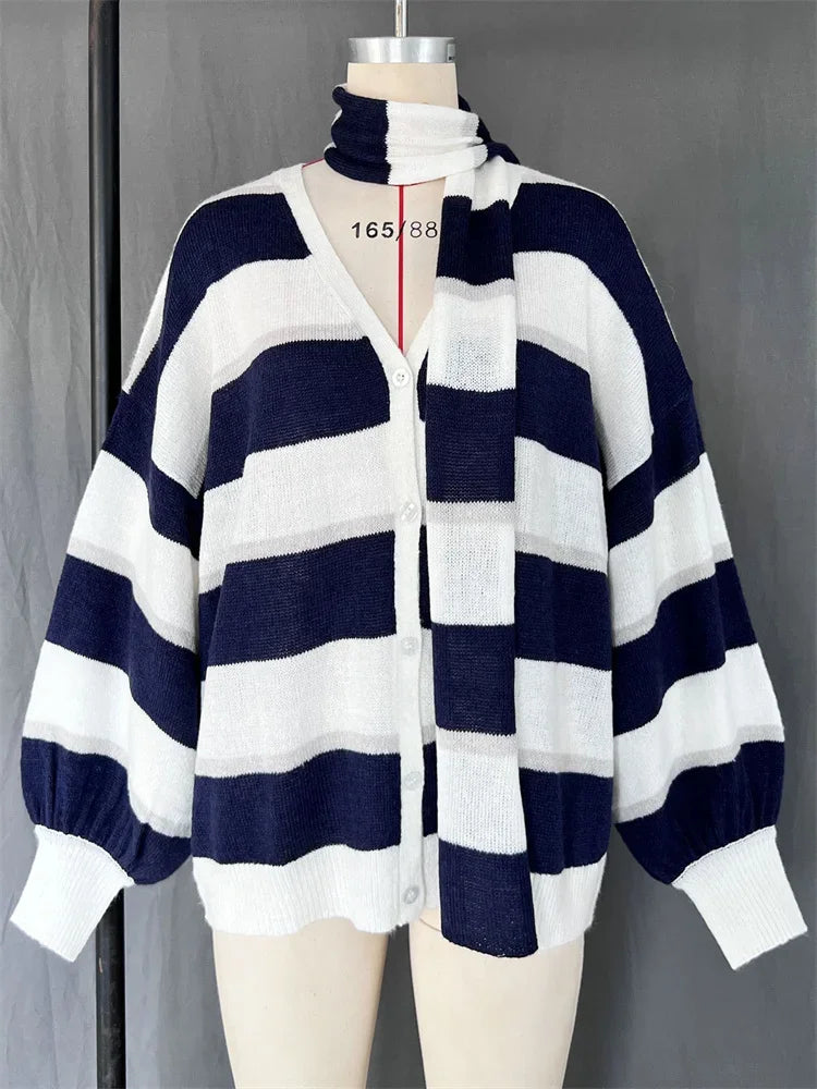 V-neck Scarf Sweater Cardigan Female Contrast Patchwork Autumn Hollow Out Outwear ’s Knitwear Coat Cardigan