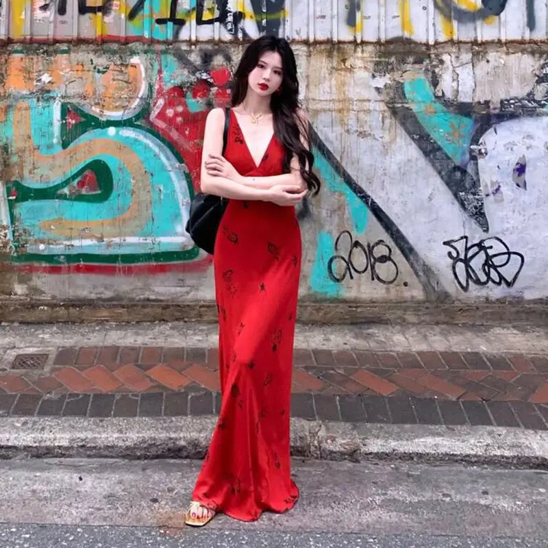 High End Glamorous Socialite Party Evening Red Vneck Camisole Dress Slim Fit Sleeveless Bodycon Maxi Dresses for