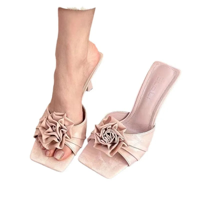 Shoes Woman Low Loafers Female Slippers Mules Cover Toe Slides Flower New Designer Pointed Fabric Rubbe