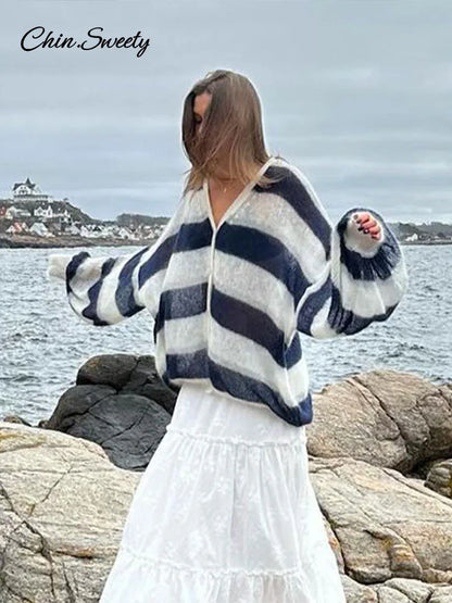 Loose Mohair Striped V-neck Cardigan With Scarf Lantern Sleeve Single Breasted Knitwear Lady New