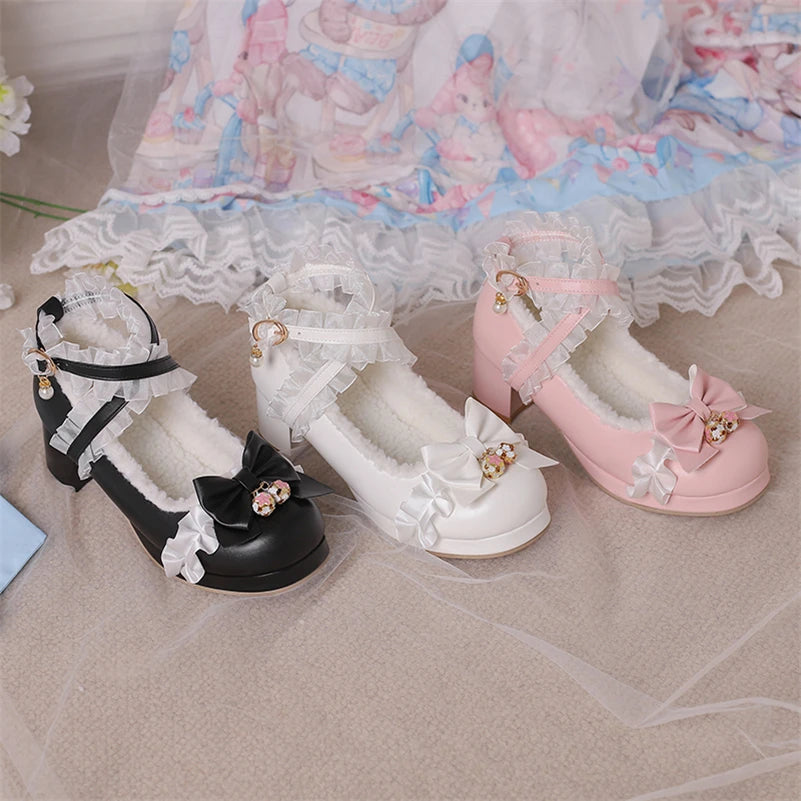 Lolita Pumps Round Toe Thick Mid Heels Cross Strap Buckle Bow Kawaii Cosplay Shoes Winter Beige 46