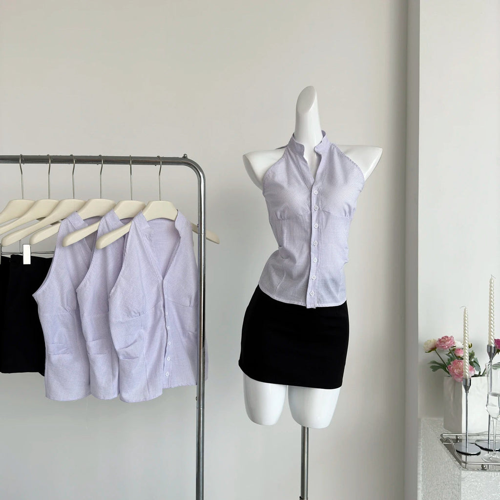 Striped 2 Piece Skirt Set Korean Y2k Crop Top Shirt + Low Waist Short Skirt Blouse Suits 2000s Retro Y2k
