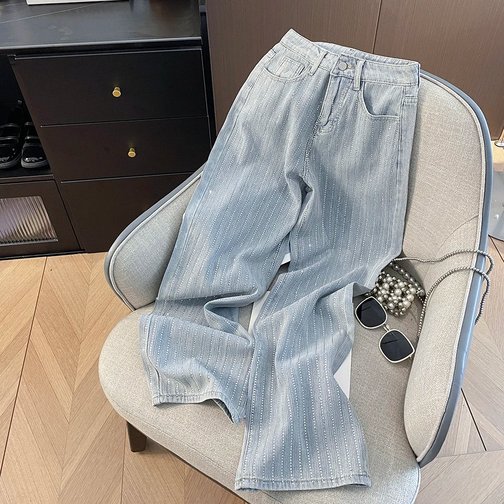 Korean Shiny Hot Diamond Temperament High Waisted Straight Tube Loose and Slimming Narrow Version Wide Leg Denim Pants for