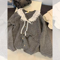 Sweet Kawaii Sweater Gray Lace Doll Neck Knit Cardigan Clothing Autumnwinter Soft Lazy Vneck Coat