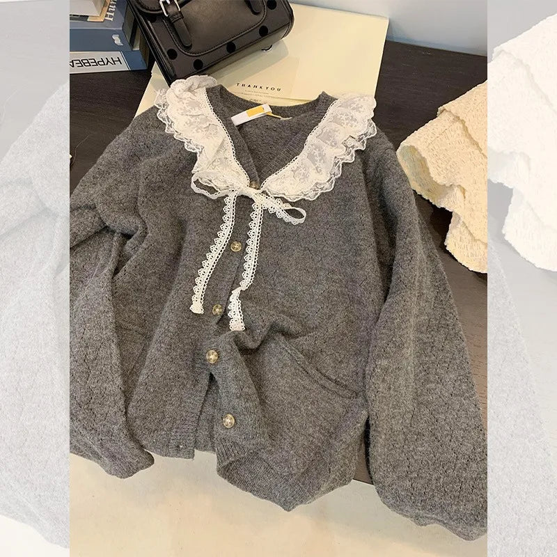 Sweet Kawaii Sweater Gray Lace Doll Neck Knit Cardigan Clothing Autumnwinter Soft Lazy Vneck Coat