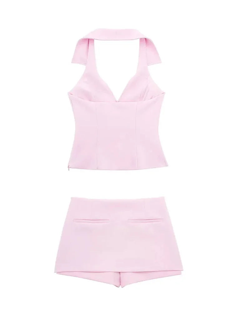 2 Piece Set Halter Tank Tops Sleeveless Slim Cropped Top Female High Waist Mini Skirts Shorts