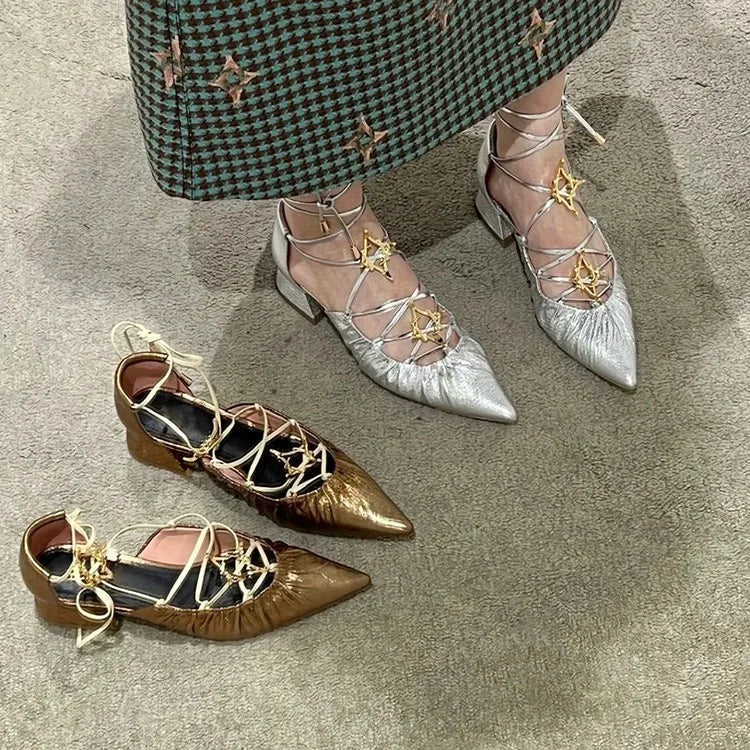 Cross Straps Sandals Pointed Toe Gold Star Detail Mixed Color Low Block Heels Ankle Lace Up Summer Rubber Shoes