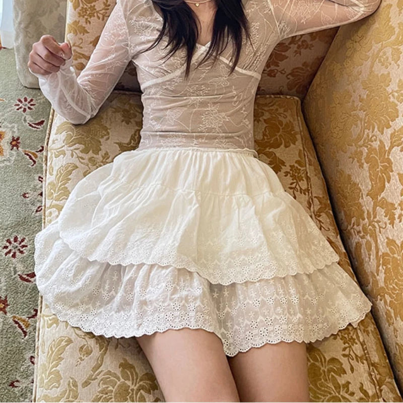 Korean Sweet Hook Flower Hollow Cake Skirt Summer New High Waist Color All Match Lace Aline Skirt
