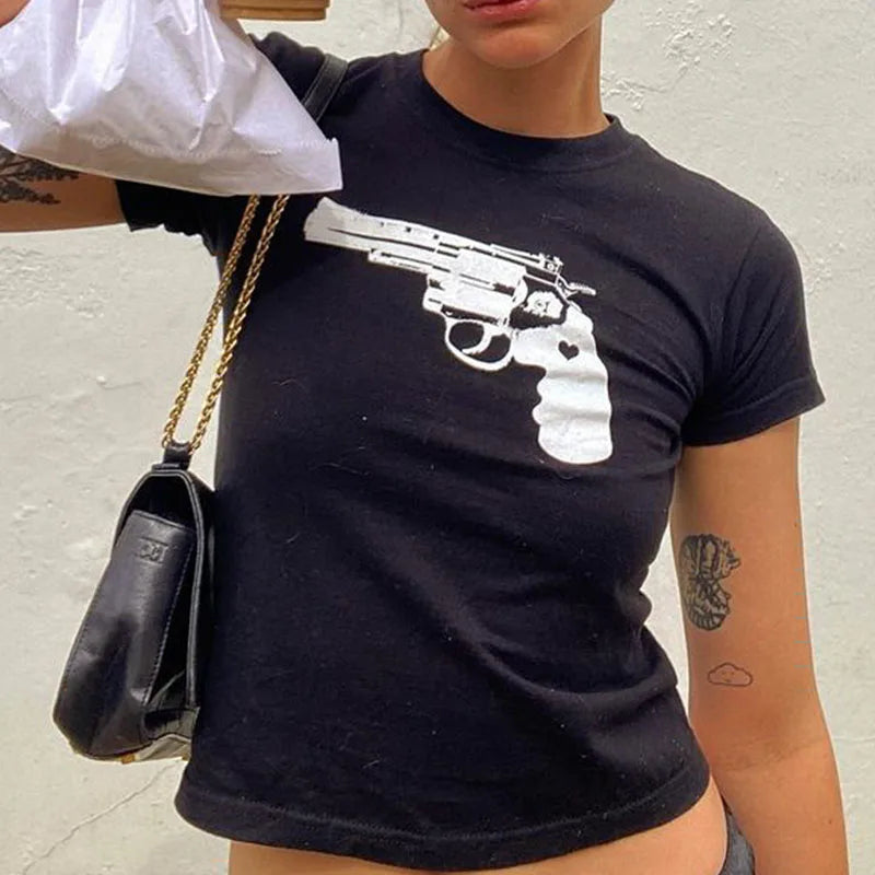 Y2k European and American Street ’s Pistol Funny Print Short Naked T-shirt Slim Fit Top