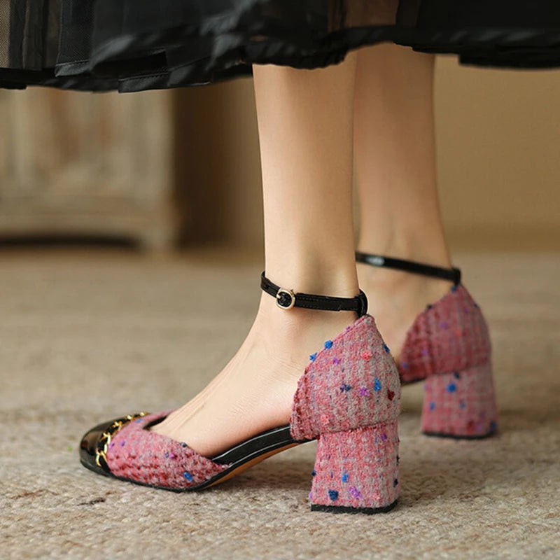 New Summer Sandals Cotton Fabric Shoes for Cover Toe Chunky Shoes Round Toe Cover Heel Sandals Splicing Chain Shoes