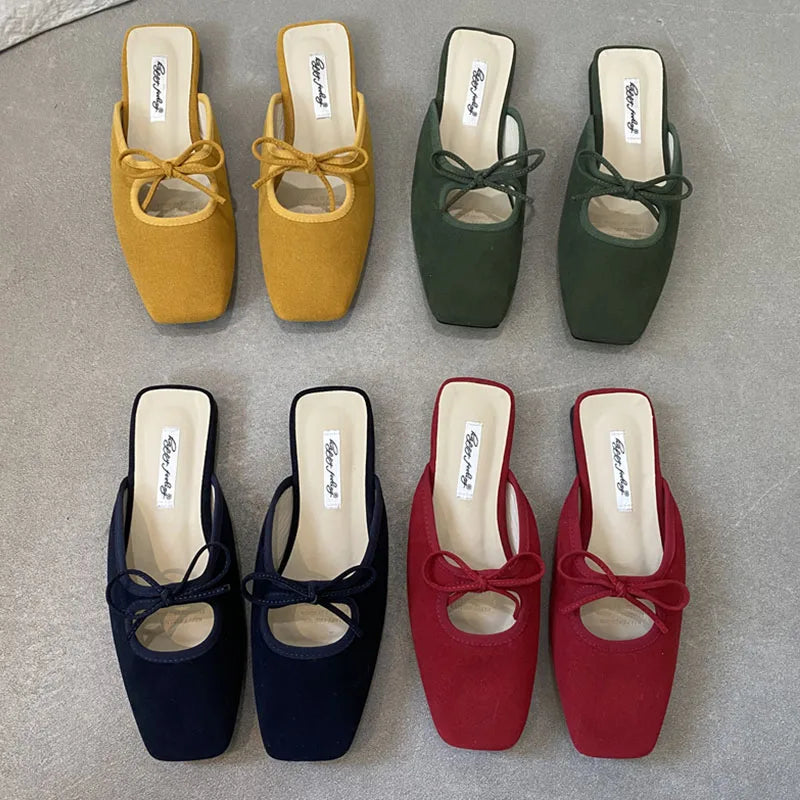 Summer New Flat Slipper Square Toe Slip on Mules Shoes Soft Flat Heel Outdoor Dress Sandal Slides New Woman