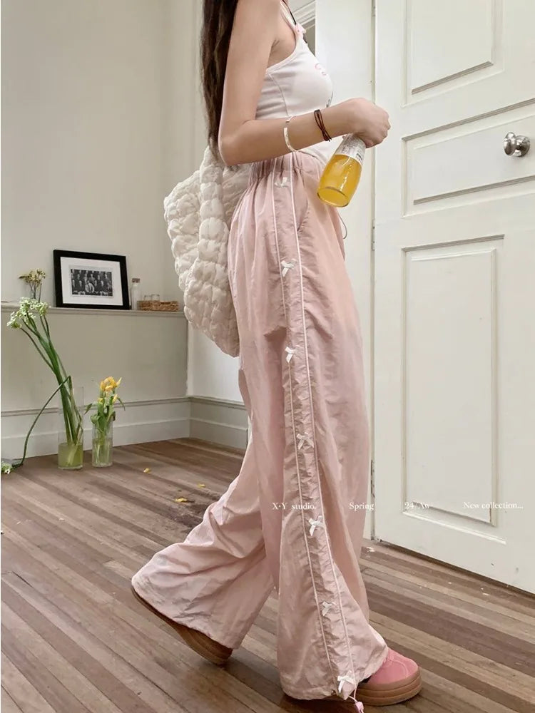 Pink Sweet Y2k Parachute Pants Korean Style Coquette Baggy Joggers Bow Harajuku Kawaii Wide Trousers