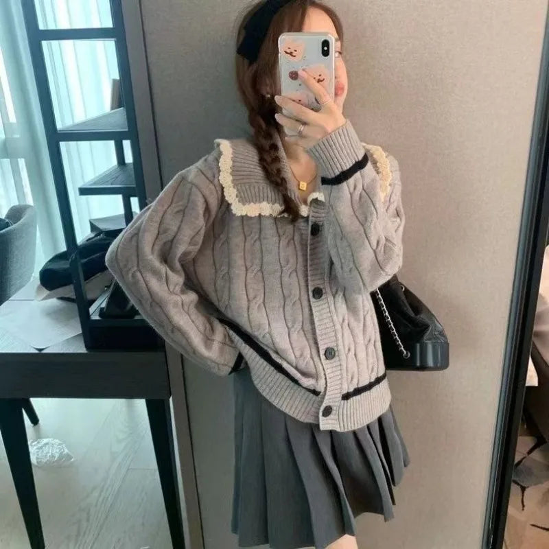 Knitted Cardigan Sweet Lace Turn Down Collar Preppy Style Loose Stretch Outwear Sweater Female
