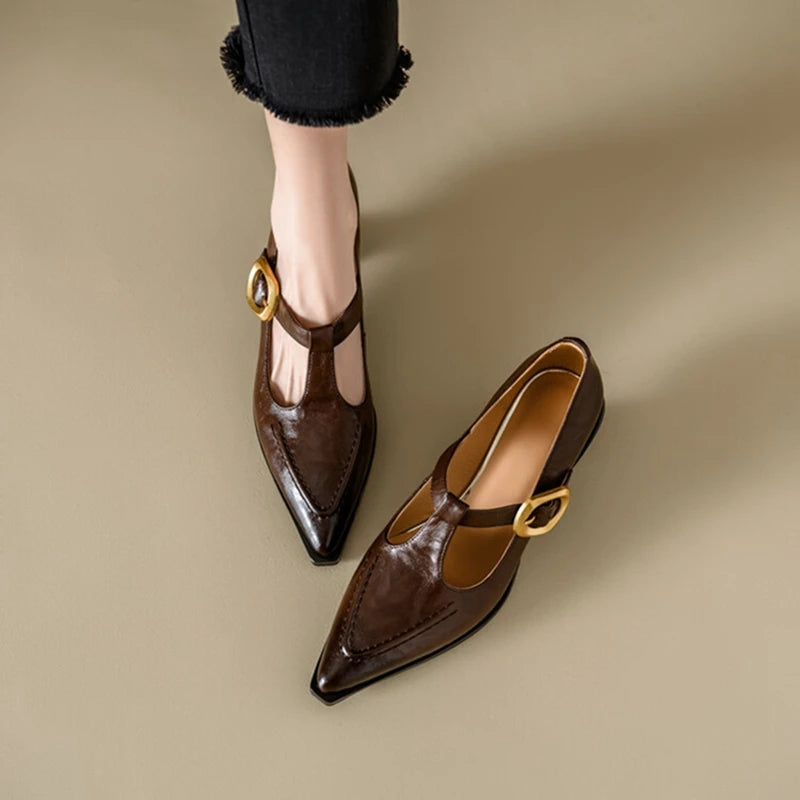 New Autumn/spring Pumps Split Leather Shoes for Pointed Toe Kitten Heel Shoes Soft Retro Buckle Mary Jane Shoe