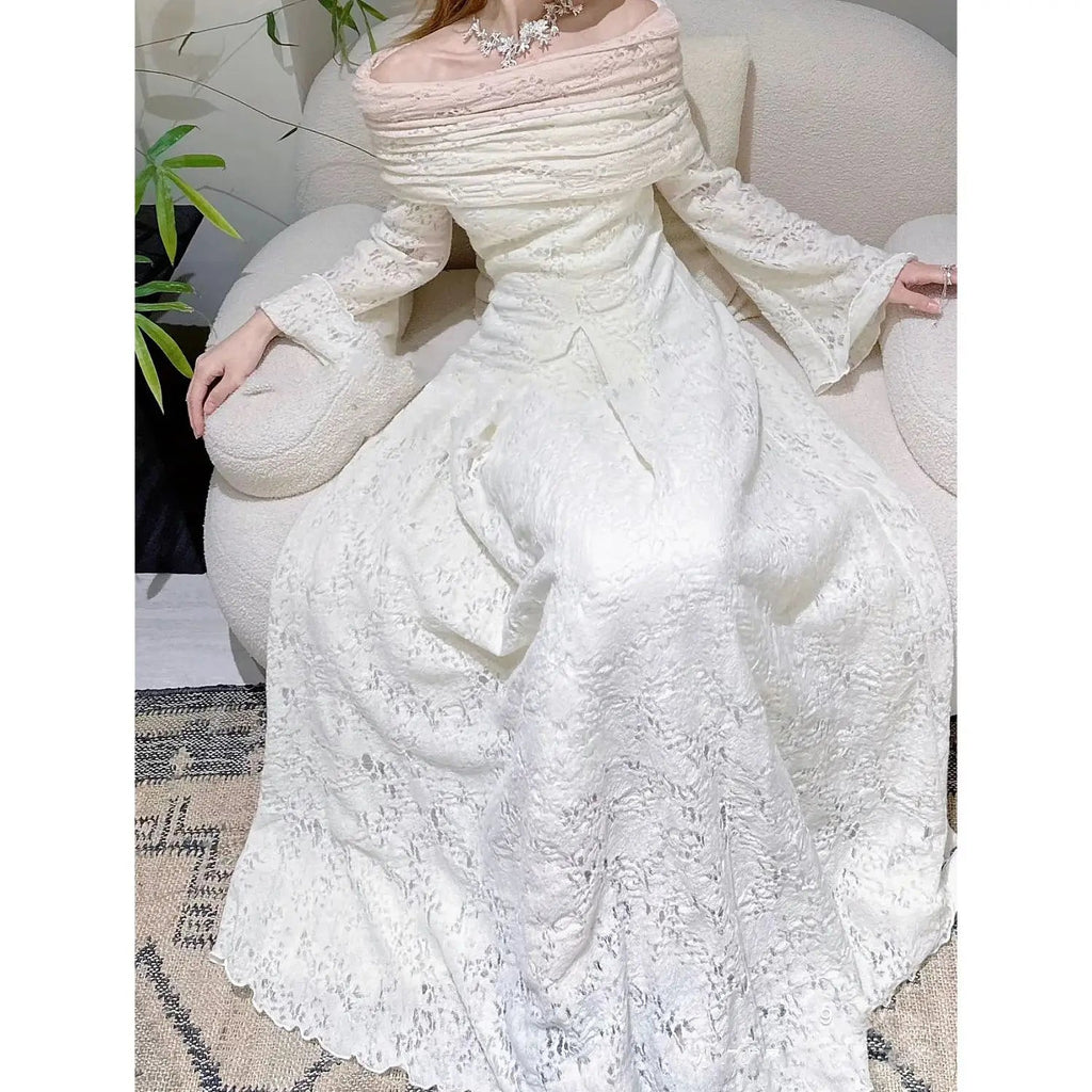 Autumn/winter Retro Flare Sleeve Off Shoulder Shawl White Dress Slimming Knitted Jacquard Fishtail Maxi Dress for