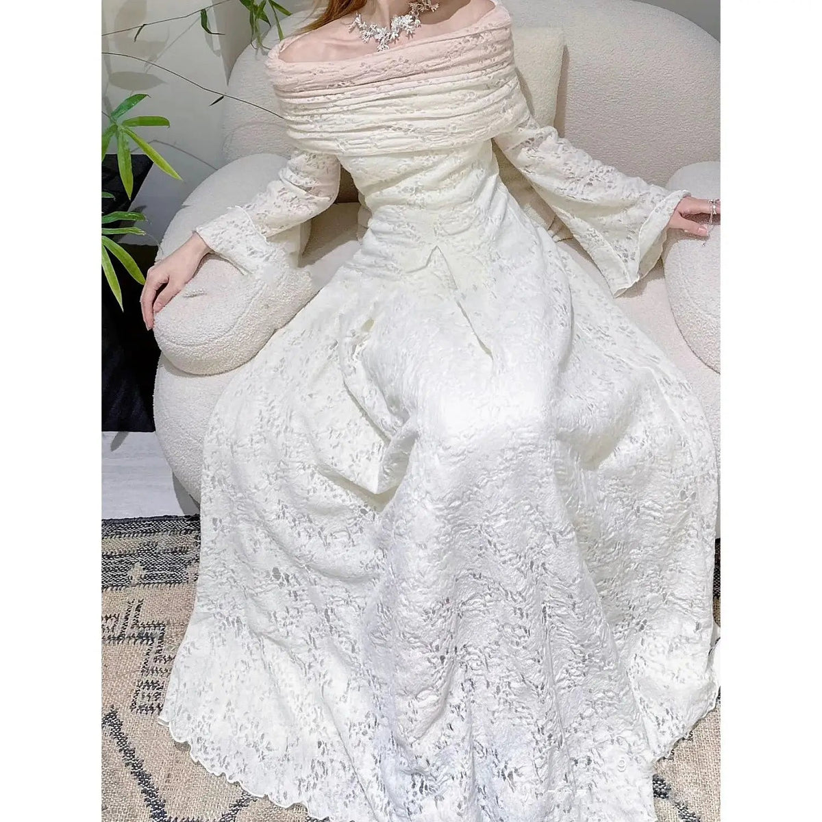 Autumn/winter Retro Flare Sleeve Off Shoulder Shawl White Dress Slimming Knitted Jacquard Fishtail Maxi Dress for