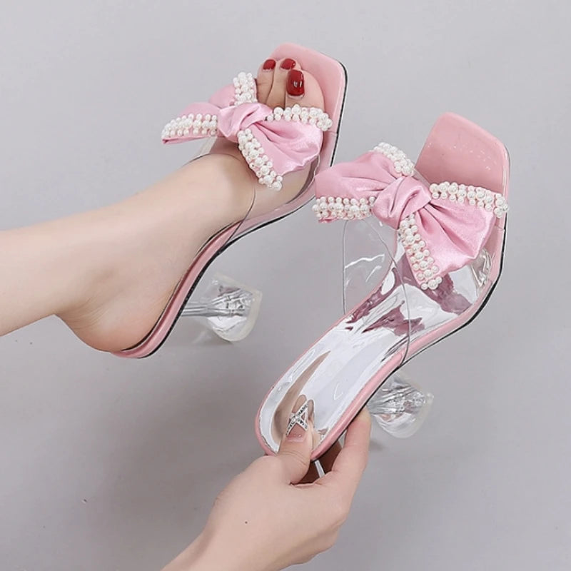 Pearl Bow Designer Slipper New Transparent Pvc High Heeled Sandals Non Slip Mule Shoes Pumps
