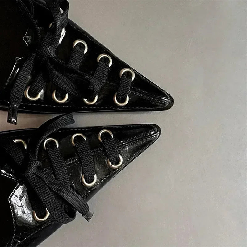 Pointed Toe Thin High Heels Lace Up Retro Street Style Party Dress Shoes Brand Designer Pumps Zapatos De Mujer