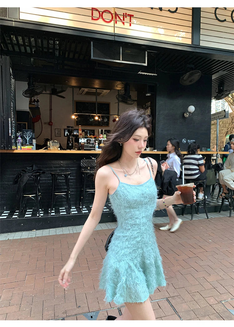Bodycon Y2k Mini Dress Pure Color Dress Female Even Party Beach Style Korean Clothing