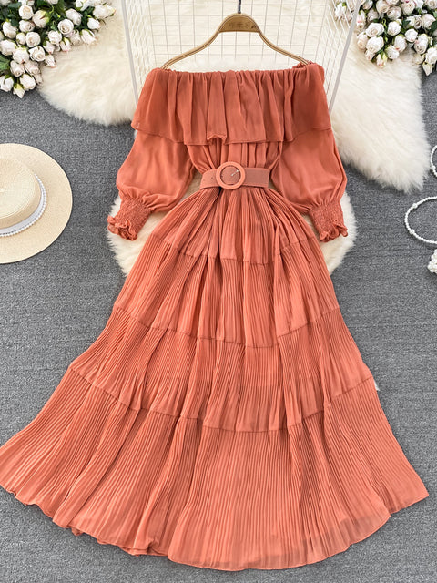 Off Shoulder Dress Chiffon Summer Sweet Lotus Leaf Edge Pleated Dresses Evening Party Long Dress
