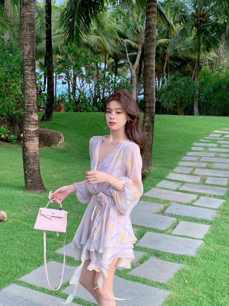 Summer New Sweet Chiffon Mini Dress Beach Party Vneck Mini Dress One Piece Dress Korean Clothing