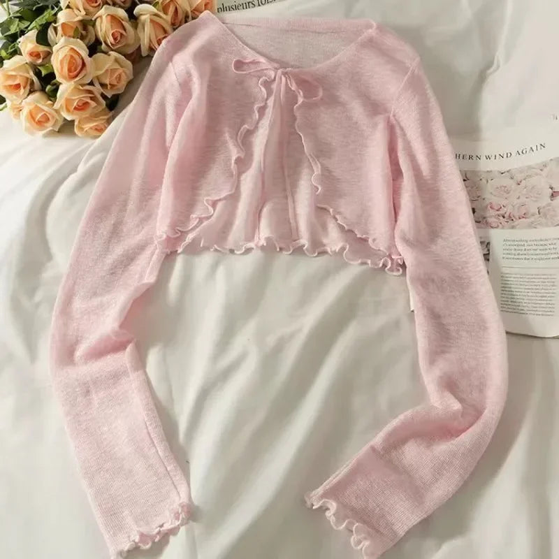 Female Summer Thin Sweater Shirts Lady Full Sleeve Laced Knitted Cardigan Outwear for Woman