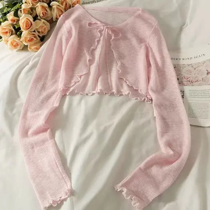 Female Summer Thin Sweater Shirts Lady Full Sleeve Laced Knitted Cardigan Outwear for Woman