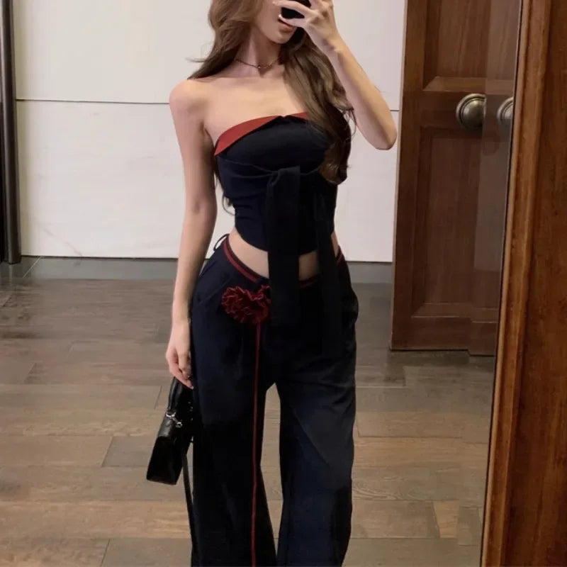 Summer New High Street Lace Up 3d Flower Loose Wide Leg Pants + Patchwork Camisole Twopiece Suit