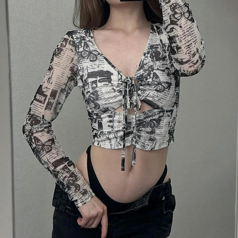 Grunge Mesh Butterfly Print Crop Top See Through Long Sleeve Hollow Out T-shirt Stylish Y2k Street Outfits