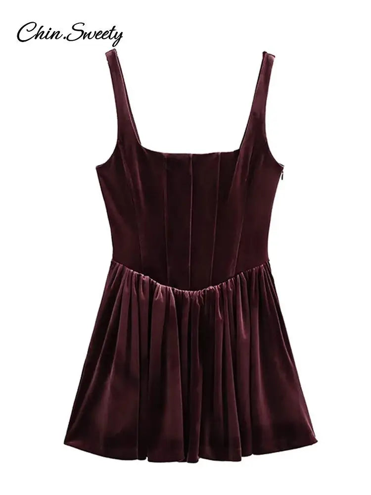Velvet Sling Mini Dress Square Collar Sleeveless Backless A-line Zipper Party Dresses Lady Vestidos