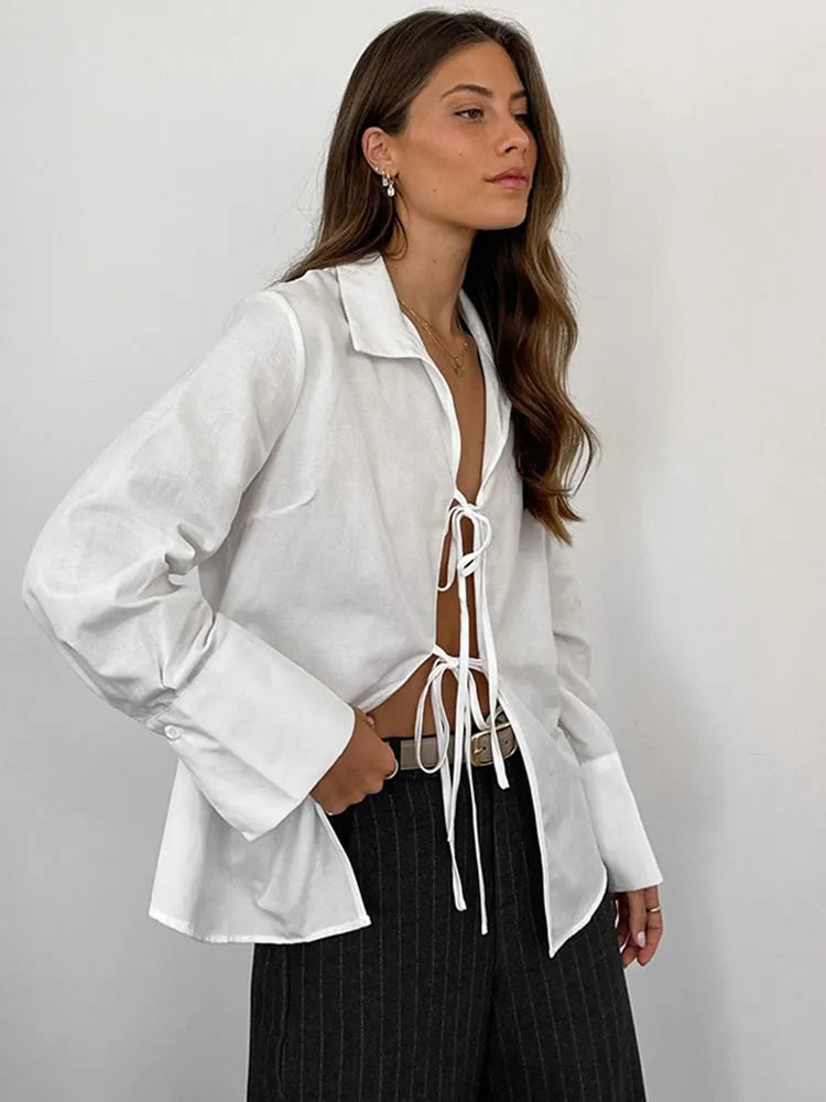 ’s Long Sleeve Shirt Hollow Lace Up Color Top Commuting Patchwork ’s Shirt Cardigan Top