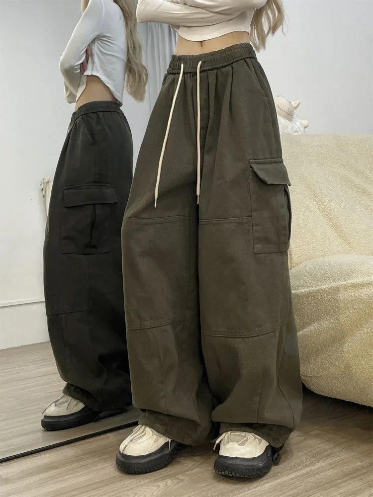 Baggy Cargo Pants Y2k Sweatpants Drawstring High Waist Pocket Patchwork Wide Leg Pants Oversize Trousers